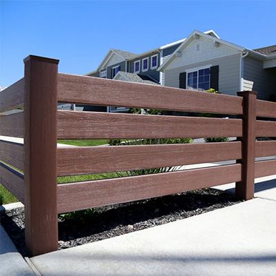 Brown ranch rail fence, one of the many options for wholesale vinyl fencing near Pixley, California.